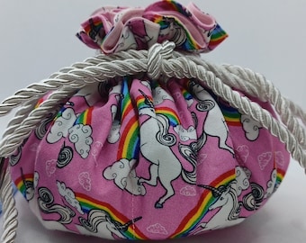 Unicorns and rainbows on pink 100% cotton dice bag large holds 12+ sets  Dice gremlin gift. Dungeons and Dragons  DnD rose and hubble  149