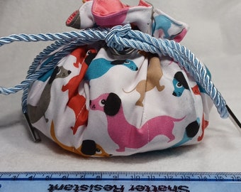 Dachshund on white dice bag large holds 12 or more sets  Dice gremlin gift. Dungeons and Dragons  DnD  TTRPG sausage dog puppy rainbow  138
