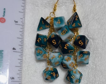 DND mini dice teal white marbled 2-tone pierced earrings D4 D6 D8 D10 D12 D20 geek gamer jewellery jewelry gift dungeons dragons polyhedral