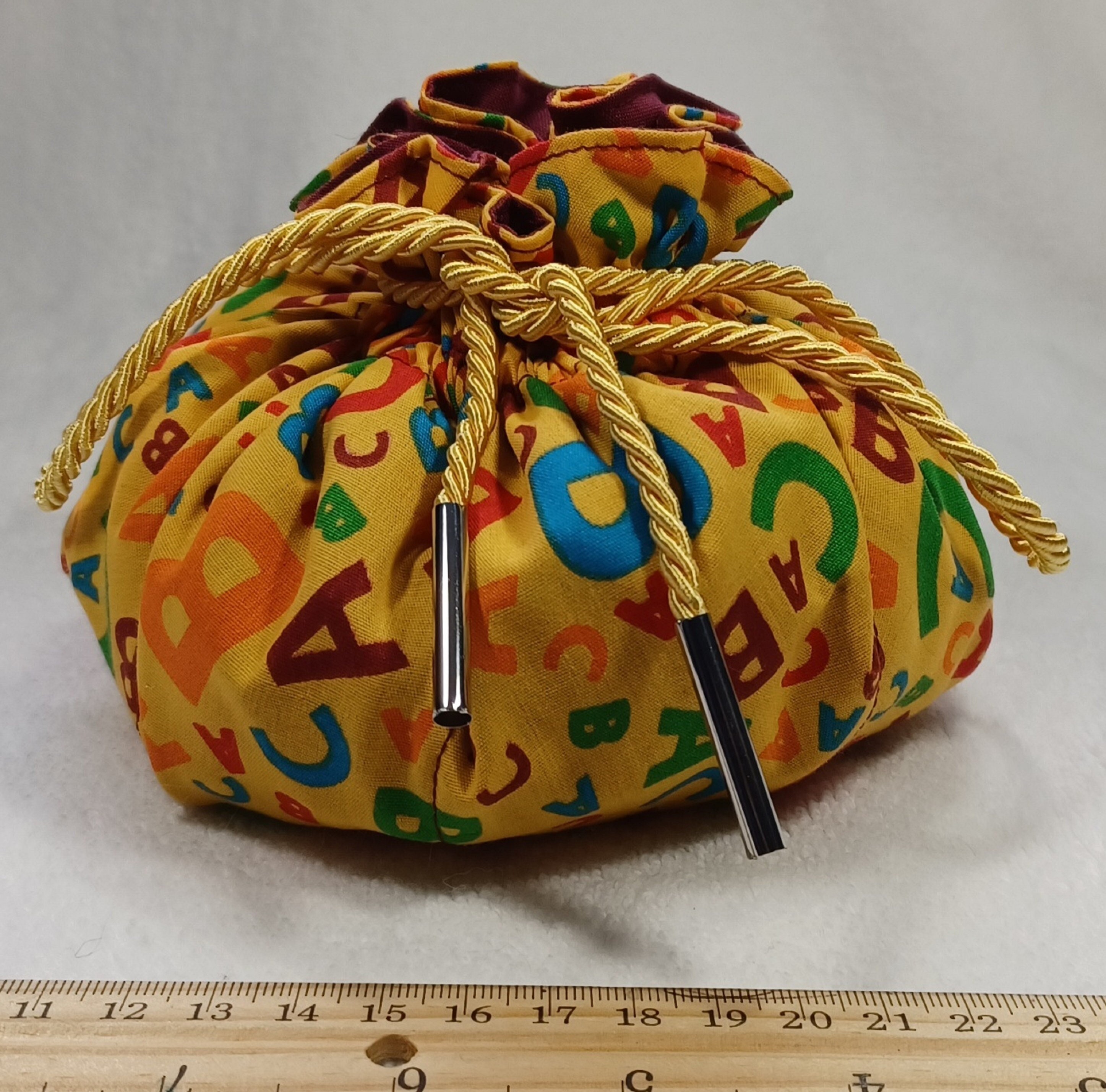 Alphabet dice bag large holds 12 or more sets  Dice gremlin gift. Dungeons and Dragons  DnD  TTRPG   yellow multi letters   38