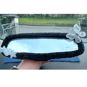 Black velvet white butterfly glitter hearts rear view mirror cover reversing rearview car accessory   11
