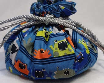 Organic cotton dice bag large holds 12 or more sets  Dice gremlin gift. Dungeons and Dragons  DnD  TTRPG airforce blue cute monsters  48