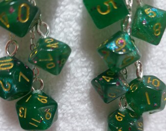 DND mini dice pearlescent sparkly green earrings D4 D6 D8 D10 D12 D20 geek gamer jewellery jewelry gift dungeons dragons gold polyhedral 02