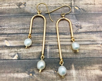 Asymmetrical Freshwater Pearl Earrings, Uneven Hoop Earrings, Modern Jewelry for Women, U Shape Earrings, Dainty and Unique Gift for Her
