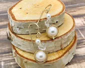 Pearl and Gold Earrings, Gold Wire Wrapped Pearl and Crystal Earrings, Birthday Gift for Her, Mother's Day, June Birthstone, Bridesmaids