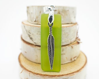 Feather Necklace, Lime Sea Glass Pendant Jewelry For Wife, Silver Feather Pendant for Women Birthday Gift, Unique Jewelry For Christmas Gift