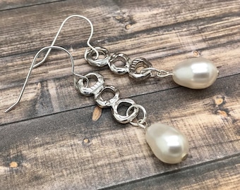Long Teardrop Pearl Dangle Earrings with Silver Link, Gift For Sister in Law, Boho Silver Jewelry, Unique Handmade Earrings for Women