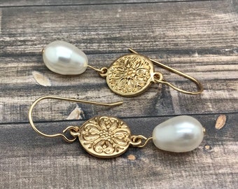 Tear Drop Pearl Dangle Earrings with Golden Coin Charm, Swarovski Pearls, Unique Handmade Pearl Jewelry for Women, Pearls Gift for Mother