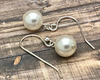 Pearl Dangle Earrings For Bridesmaid, Minimal Elegant Bridal Jewelry, Sterling Silver and Pearl Earrings for Women, Swarovski Pearls