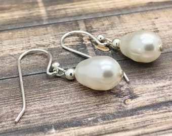 Teardrop Pearl Earrings, Minimal Bridal Earrings for Women,  Dainty Pearl Dangles, Present for Bridesmaids, Gift for Mother's Day