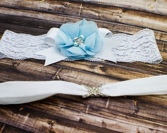 Stretch White Lace Wedding Garter, Something Blue White Lace Wedding Garter with Flower, Wedding Bridal Garter Set, Velvet Toss Garter Gift