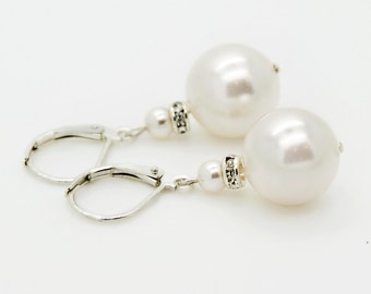 Bridal Earrings, Pearl Leverback Earrings For Bridesmaids, Pearl Drop Earrings for Brides, Wedding Earrings, Big Pearl Earrings for Mother