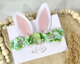 Bunny Ears Flower Crown Headband | Mint Green | Fits Newborn, baby, toddler, child