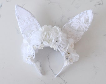 Pure White Easter Bunny Headband with Lace Ears