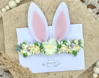 Bunny Ears Flower Crown Headband | Cream | Fits Newborn, baby, toddler, child