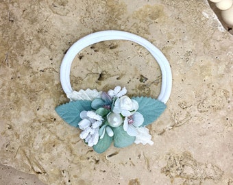 Baby Flower Headband | White & Teal Green | Newborn, Toddler, Child Size