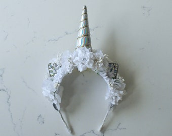 Purely White Unicorn Flower Crown | Holographic Horn & Rhinestone Ears