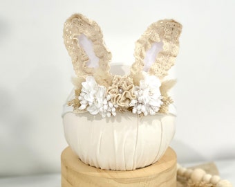 Deluxe Lace Bunny Ears Headband | Tie Back, Newborn, Baby, Toddler, Child | Crochet Lace & Pearls with Bunny Tails