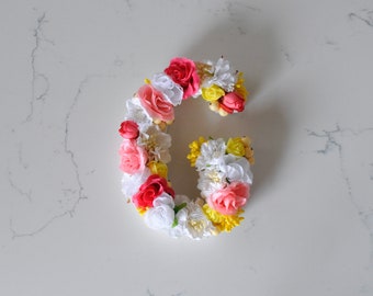 Floral Initial Letter G | 18cm | Yellow, Pink & White