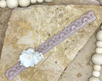 NEWBORN | Taupe & White Baby Headband | Flowers and Lace | Recommended 0-6 Weeks Old