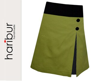 Pleated skirt, stretch skirt, haribur, olive, dots