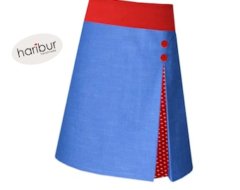 Denim skirt, stretch skirt, haribur, light blue, red dots