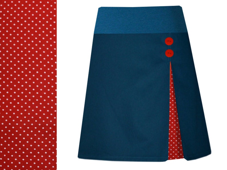Pleated skirt, stretch skirt, haribur, petrol, dots red and white image 1