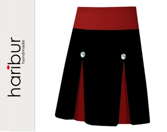 Opulent inverted pleat skirt in black and bordeaux