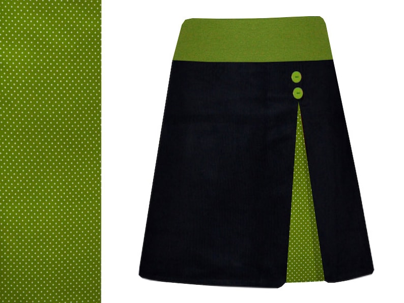 Pleated skirt, corduroy skirt, haribur, dots, green and white image 1