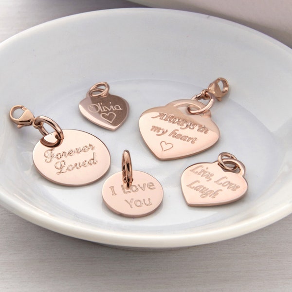 Personalised 18ct Rose Gold Plated Heart & Disc Charms