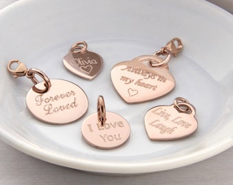 Personalised 18ct Rose Gold Plated Heart & Disc Charms