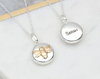 Personalisierte Silber & Gold Bienen Medaillon • Foto Halskette