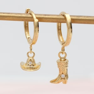 Gold Or Silver Cowboy Hat And Boot Huggie Hoops • Charm Huggie Hoop Earrings