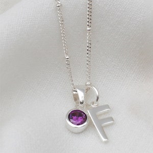 Sterling Silver Initial & Birthstone Charm Necklace • Birthday Jewellery