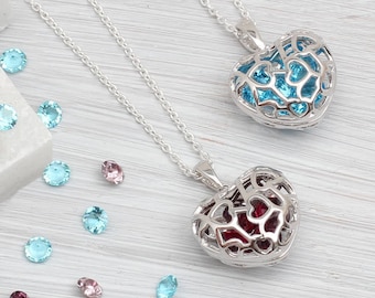 Personalised Silver Birthstone Locket Necklace • Mother Gift • Birthstone Heart Locket