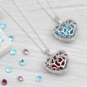 Personalised Silver Birthstone Locket Necklace • Mother Gift • Birthstone Heart Locket