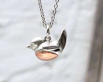 Silver & 18ct Rose Gold Plated Robin Red Breast Necklace