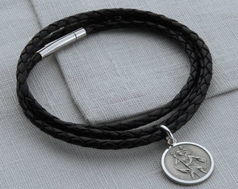 Men's Leather & Silver St Christopher Wrap Bracelet