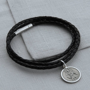 Men's Leather & Silver St Christopher Wrap Bracelet