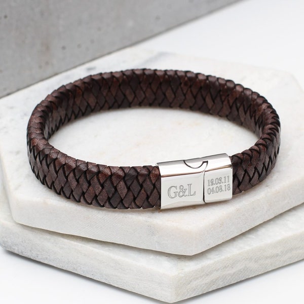 Men's Personalised Steel And Leather Bracelet