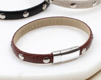 Personalised Textured Brown Leather Stud Bracelet