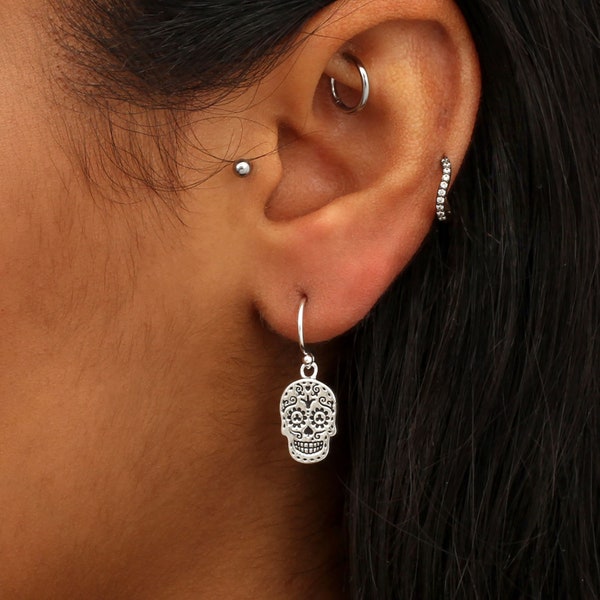 Boucles d'oreilles en argent sterling tête de mort en sucre