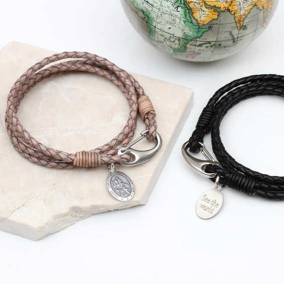 Personalised Leather and Silver St Christopher Bracelet Etsy