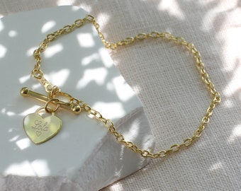Personalised 9ct Yellow Gold Heart T-Bar Bracelet • Solid Gold T-Bar And Engraved Heart Charm Bracelet • Personalized Gift