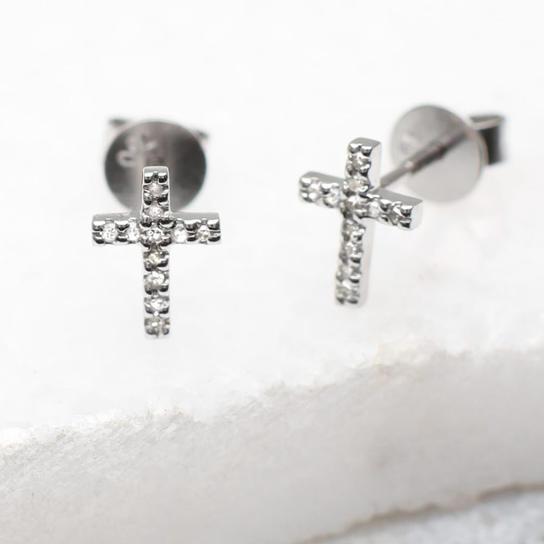 White gold diamond cross earrings clearance