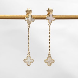9ct Yellow Gold Mother of Pearl Petals Drop Earrings • Clover Jewellery