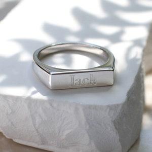Personalised Gold Or Silver Rectangular Bar Signet Ring • Men&#39;s Engraved Signet Ring •  Ladies Engraved Signet Ring