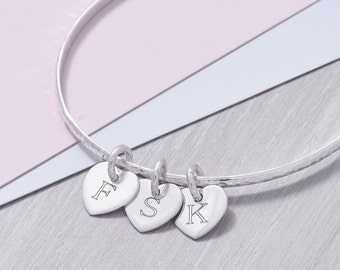 Silver Initial Heart Charm Bangle • Mother's Day Gift