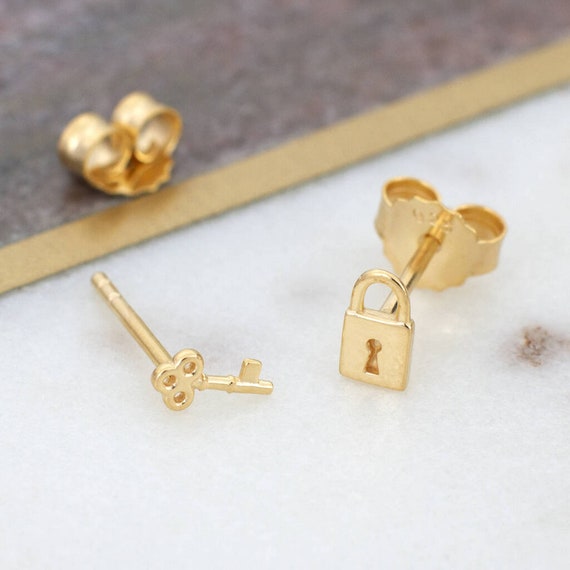 Silver or Gold Lock Key Stud Earrings Etsy Norway