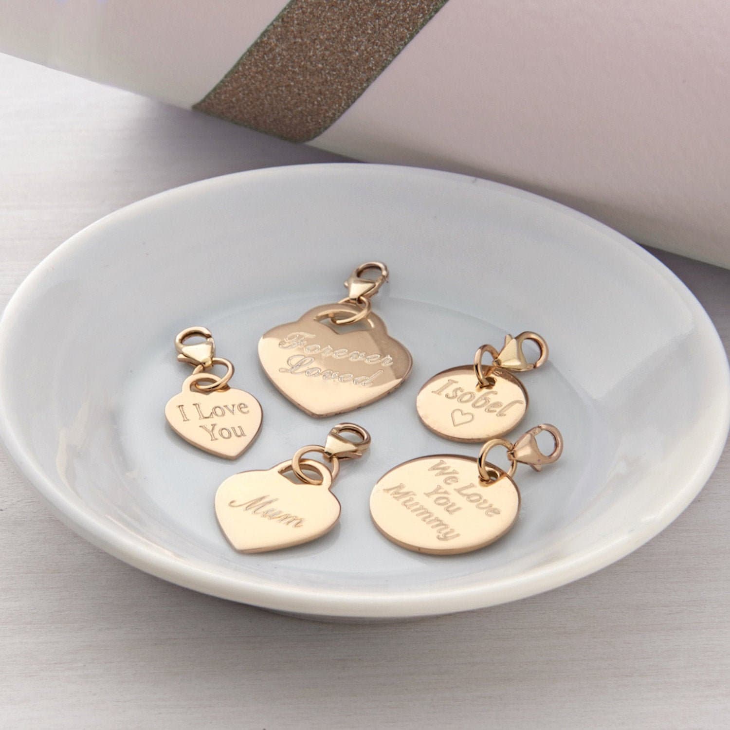 Personalised 18ct Yellow Gold Plated Heart & Disc Charms